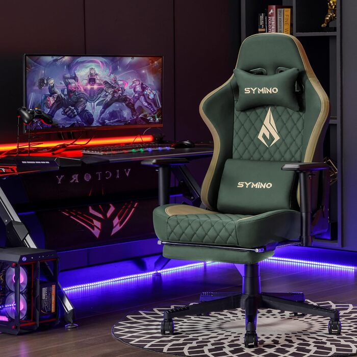 Ігровий крісло Symino Racing Style - ергономічне, 200 кг, регульовані підлокітники, PU шкіра, з підніжкою (зелений)