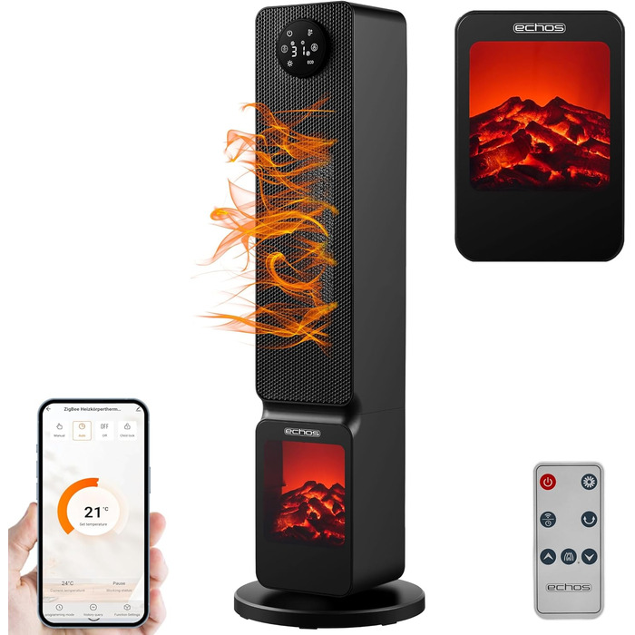 Electric Heater with Fireplace Illusion, Energy-Saving, Oscillating, Overheat Protection, 2000 Watts, 2 Levels, Controllable via Smartphone with Tuya App, Heater, Quiet Mobile Heater, Electric Heater, Mini Heater