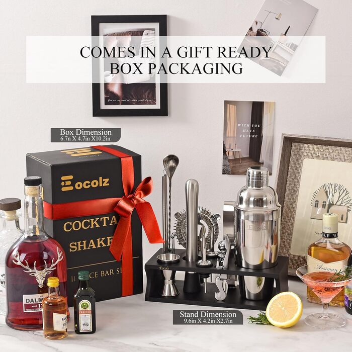 750ml Stainless Steel Cocktail Shaker Set with Bamboo Stand & Recipe Book - 17 Piece Bar Set for Bartenders, Gifts for Women (Black Silver)