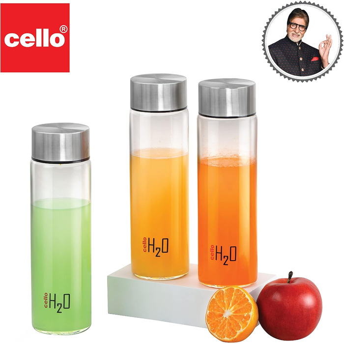 H2O Steelox Glass Water Bottle, Refrigerator Bottle, Wide Opening for Easy Cleaning, Bottle for Hotel, Travel, Office, University, 3-Piece Set, 920 ml, Silver
