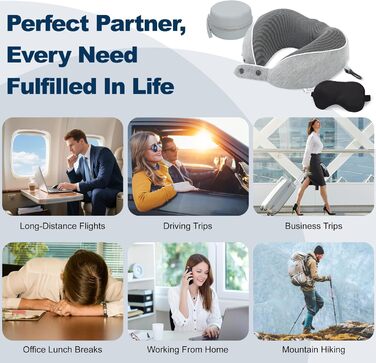 Подушка для шиї Comfy - для подорожей (літак, авто, поїзд) з регулюванням, Memory Foam, 3D-маска, сірий