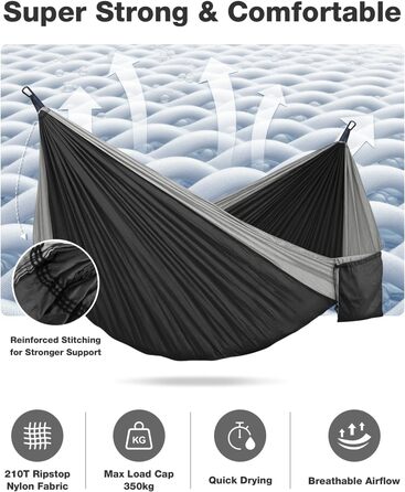Гамак дорожній Camping 295x140 см, вантажність 350 кг, з карабінами та ременями, чорно-сірий
