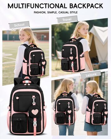 Шкільний рюкзак для дівчаток Tanou: стильний, зручний, з дихаючої тканини Oxford (3-5 клас, чорно-рожевий)