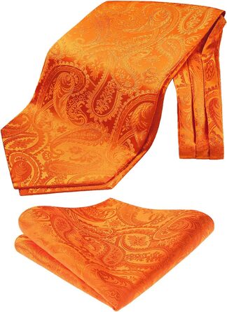 HISDERN Шовковий краватко-шарф чоловічий Paisley, краватка-аскот, нагрудна хустка та кишеньковий хустинка, набір для весілля/бізнесу (Помаранчевий)