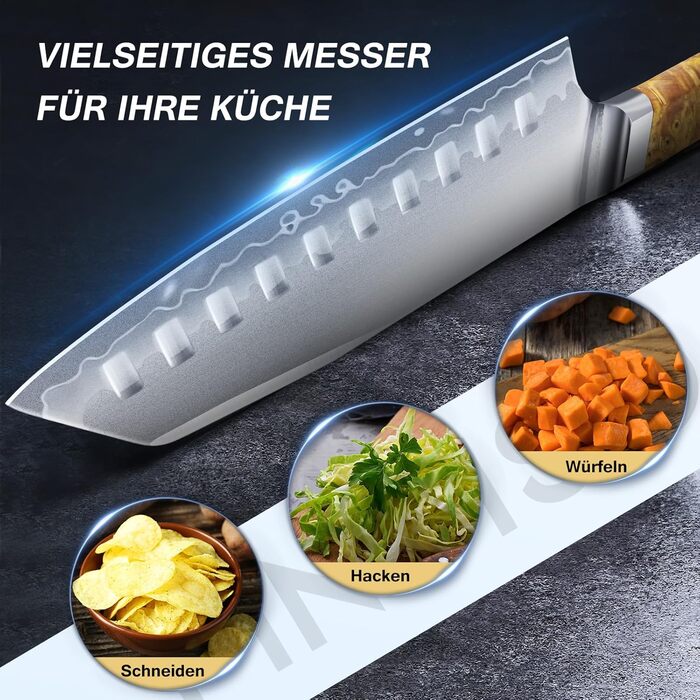 Японський кухонний ніж FINTISO Santoku 20 см, сталь S35VN, 7 шарів, ручка з дерев'яної смоли - ідеальний подарунок
