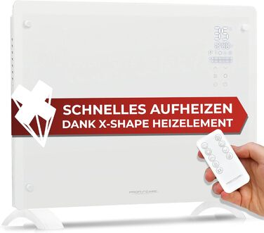 ProfiCare® Електричний обігрівач з скляною передньою панеллю та X-подібним нагрівальним елементом | мобільний обігрівач, підходить для настінного монтажу | конвекторний обігрівач з 2 рівнями нагріву | тиха робота - 0dB | PC-GKH 3118 білий