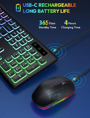 Бездротова клавіатура та миша з підсвічуванням, USB-C, тиха, для Mac/Windows/PC/Laptop - Чорний, QWERTY