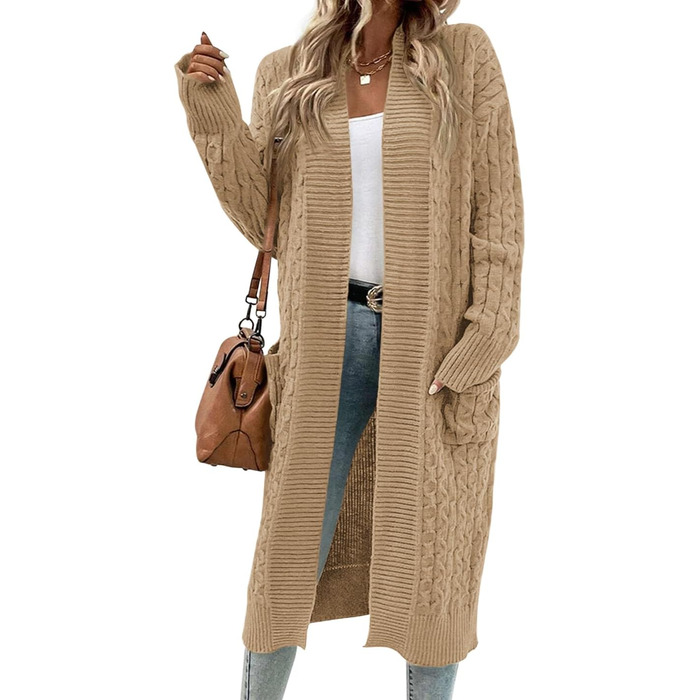 Жіночий в'язаний кардиган Saodimallsu великої в'язки, оверсайз, відкритий спереду, з кишенями, хакі, XL