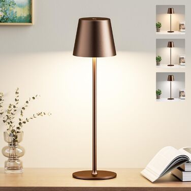 Акумуляторна LED настільна лампа бездротова з USB-C зарядкою, регульована яскравість, 3 режими світла, коричнева. Для дому, офісу, кемпінгу.