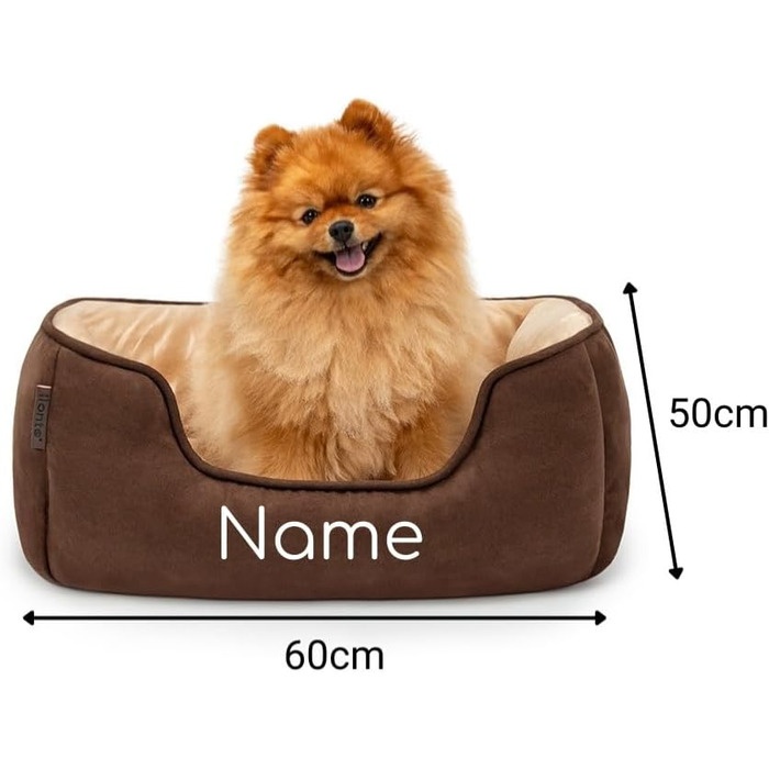 Ліжко для собак Lionto 2-в-1 з комфортним входом, м'яке домашнє ліжко для тварин, підходить для собак та котів, 80x60 см, подушка для собак з легкою у догляді оксамитовою обробкою, сірий колір (Д 60 x Ш 50 x В 22 см (з іменним нанесенням), Коричневий/Беже