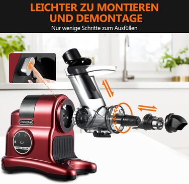 AMZCHEF Juicer with 80mm Large Feed Chute - 150W Juicer Slow Juicer with 2 Speed Modes and Reverse Function - Juicer for Whole Vegetables and Fruits Test Winner - Red Juicer Red