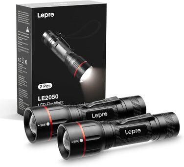 LED ліхтарик Lepro LE2050: надпотужний, з кліпсою, 5 режимів, Zoom, водонепроникний, для кемпінгу, риболовлі, туризму, подарунок (2 шт.)