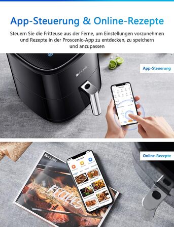Фритюрниця Proscenic T22 5 л з управлінням через додаток та Alexa, сенсорний LED-дисплей, 11 програм, тиха, BPA та PFOA free, для картоплі фрі та піци, чорна