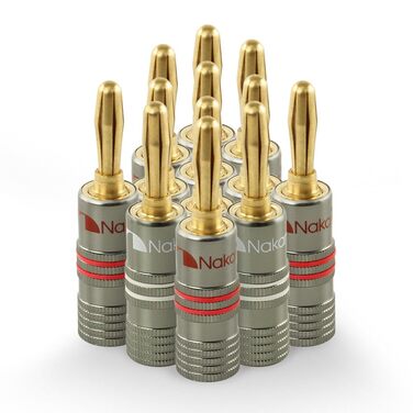 Бананові роз'єми Nakamichi Ultimate Series для акустичних кабелів 12-18 AWG, берилієво-мідні з 24K золотим напиленням, 4 мм, для Hi-Fi колонок та підсилювачів, 12 шт (6 пар)