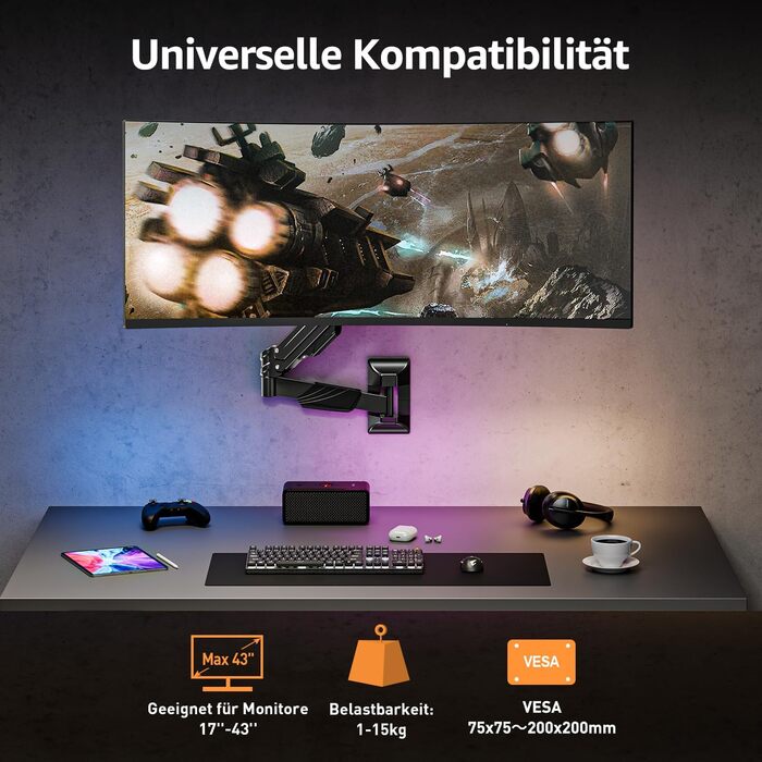 Кріплення для монітора ELIVED для Ultrawide до 43 дюймів, до 15 кг, VESA 75/100/200mm, регульована висота, газ-амортизатор, EV3421B