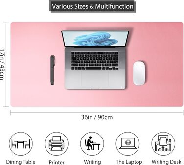 Підкладка для столу Abalter 90x43 см, PU-шкіра, водонепроникна, антиковзка, XXL килимок для миші, офіс/дім (Рожева)