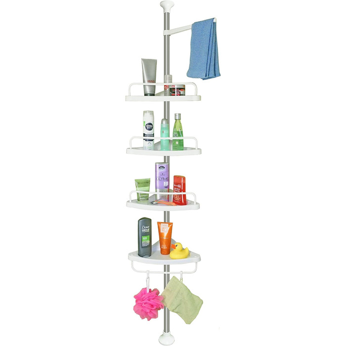 stardis Telescopic Corner Shelf, Stainless Steel, Rust-Proof with 4 Shelves, Shower Shelf, Telescopic Shelf for Shower, Bathroom, Shower Shelf, Height Adjustable from 120-300 cm, White