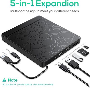 Зовнішній CD/DVD-привід Labtec для ноутбука Windows 11/10, USB 3.0 та Type-C, з картридером SD/TF та USB-хабом, портативний DVD-брунер