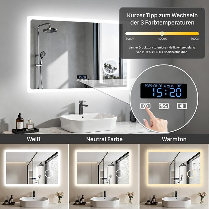 Дзеркало для ванної кімнати LUVODI з підсвічуванням 100x70 см: годинник, температура, дата, антизапар, регулювання яскравості, 3 кольори світла, функція пам'яті, LED, водонепроникність (60L x 80B см, 3x лупа + Bluetooth)
