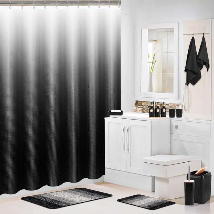 Набір аксесуарів для ванної кімнати, 17 предметів: сміттєвий бак, диспенсер для мила/лосьйону (3 шт.), тримач для зубних щіток, мильниця, попільниця, 6 дерев'яних гачків, аксесуари для ванної з підносом (Чорний, Комплект для ванної + штора + килимок + руш