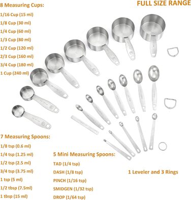 Measuring cup and spoon set, 21-piece, made of 18/8 stainless steel, durable, 8 measuring cups, 7 measuring spoons, 1 leveler & 5 mini measuring spoons, ideal for dry and liquid ingredients