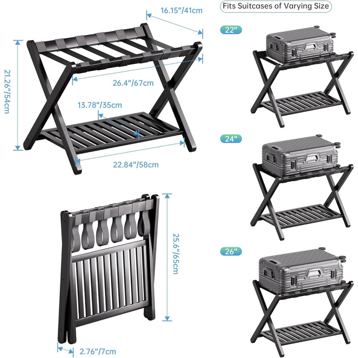 SMIBUY Luggage Rack, Foldable Bamboo Suitcase Stand with Storage Shelves for Guest Room, Bedroom, Hotel, Heavy Duty (Black)