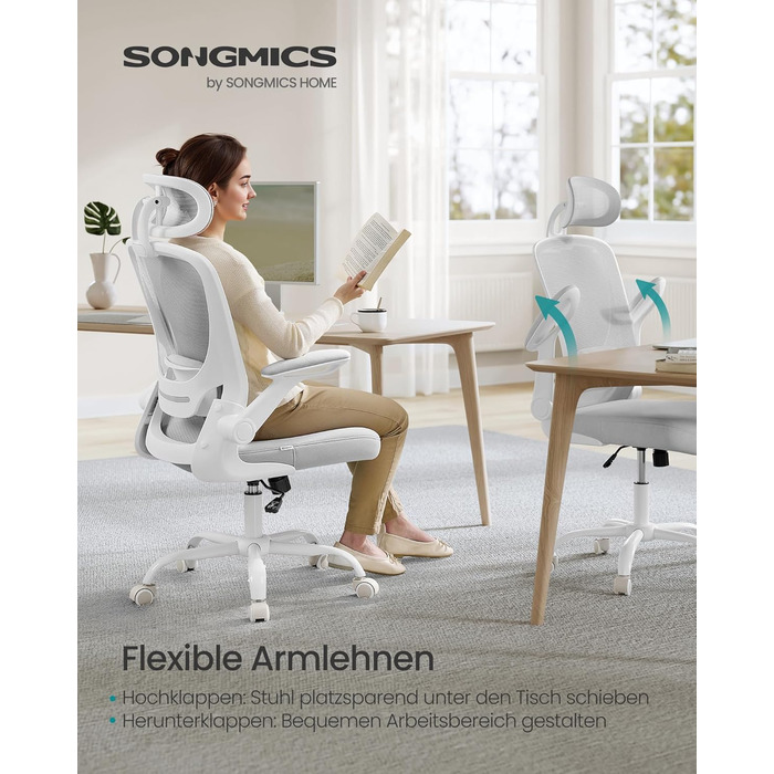 Офісне крісло SONGMICS з ергономічною спинкою з сітки, підпору для попереку та підголівником, функцією гойдання, регульованими підлокітниками, для офісу, спальні, студентів, OBN37BK (Тауновий сірий)