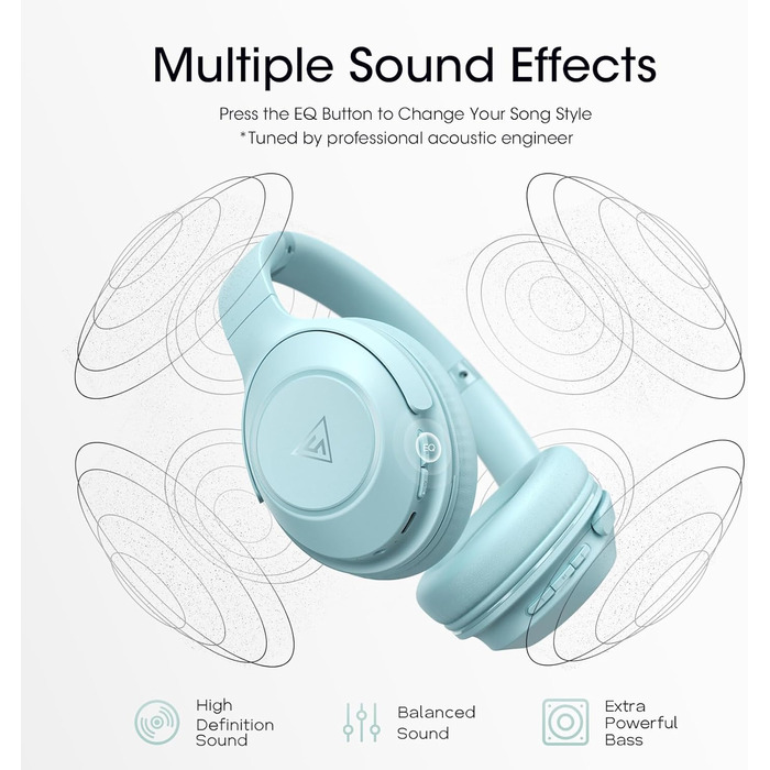 DOQAUS Бездротові Bluetooth навушники з мікрофоном, 70 годин роботи, Bluetooth 5.3, Over-Ear, 3 режими EQ, HiFi, складні, для (блакитний)