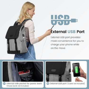 LOVEVOOK Рюкзак для жінок Елегантний 15.6 дюймів для ноутбука Водостійкий Шкільний рюкзак для дівчаток, підліток, рюкзак для жінок, рюкзак на кожен день, для університету, школи, подорожей, бізнесу (15.6 дюймів, Сірий, Чорний)