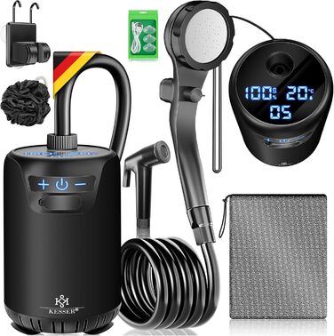 Соняшний душ KESSER® з насосом та акумулятором 8000mAh. Комплект для кемпінгу: 20л бак, регульована насадка, 2м шланг, пістолет-пульверизатор та кріплення.