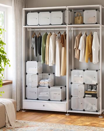 SONGMICS Regal System, Shoe Rack, Set of 16 Cubes, Plastic Closet Organizer with Doors, Stackable Shelf, Storage for Clothes, Shoes, and Books, Easy Assembly, White LPC44BS