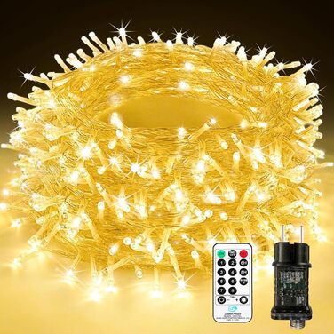 LED гірлянда на батарейках для зовнішнього використання, 100 LED, з пультом дистанційного керування, таймером, 8 режимів, IP65, вологостійка, для декорування саду, вечірки, весілля, Різдва, тепле біле світло (50м)