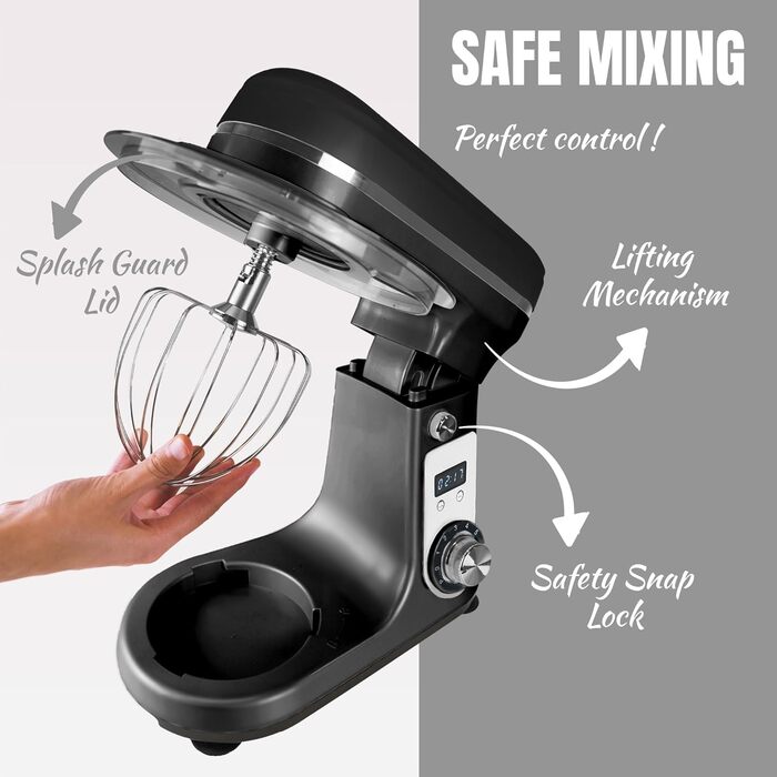 Кухонна машина Bestron Super Silent (65db) з DC-двигуном, 6 літрів, з набором насадок (крюк, вінчик, гак для тіста), 6 швидкостей + Pulse, матова чорна