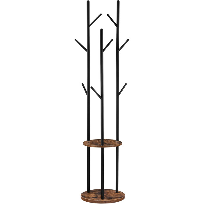 HOOBRO Coat Rack, Freestanding Clothes Rack, Tree-Shaped Wardrobe with 8 Hooks, 2 Round Shelves, for Clothing, Hat, Bag, Living Room, Bedroom, Office Dark Brown-Black EBF33YM01G1