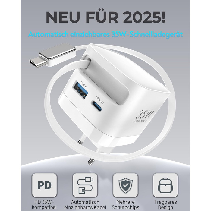 Зарядний пристрій 65W USB-C GaN з кабелем для Apple Watch, MacBook, iPhone, iPad, Samsung Galaxy - білий