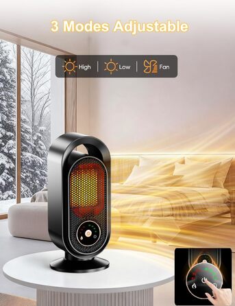 Електричний обігрівач, портативний обігрівач для кімнати, енергозберігаючий 1500W, керамічний з термостатом, таймером та 3 режимами, захист від перегріву та перекидання для офісу та спальні