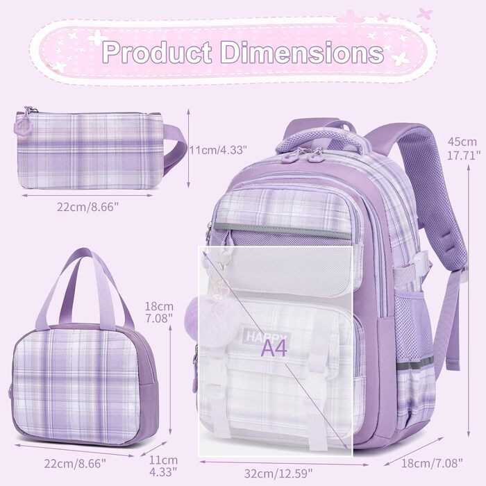 Шкільний рюкзак для дівчаток з візерунком, дихаючий та водовідштовхуючий рюкзак для 1-5 класів (рюкзак для дітей + ізольована ланч-торбинка + пенал, фіолетовий)