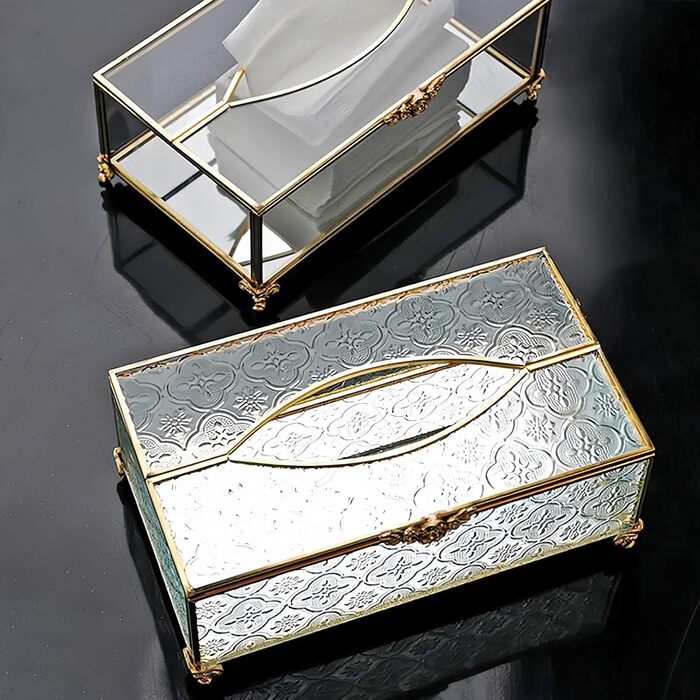 SLHEQING Tissue Box Gold Cosmetic Tissue Box Rectangular Tissue Dispenser Tissue Box made of Glass and Metal Tissue Box for Dresser Bathroom Decor Living Room Bedroom Office