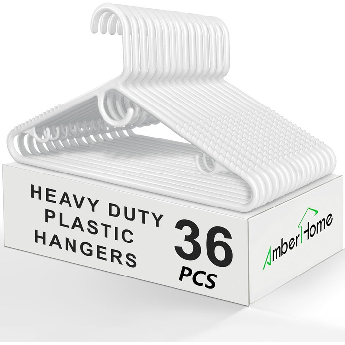 Amber Home 36-Piece 42.5cm Plastic Clothes Hangers, White Plastic Non-Slip Clothes Hangers for Coat, Jacket, and Shirt, Thick and Strong Plastic Clothes Hangers with Hooks for Scarves and Belts