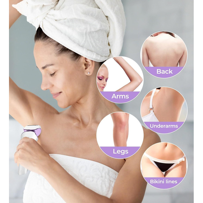 Електричний жіночий триммер для тіла: безболісне гоління ніг, бікіні та під пахв, бездротовий, USB, мокрий/сухий, білий/фіолетовий