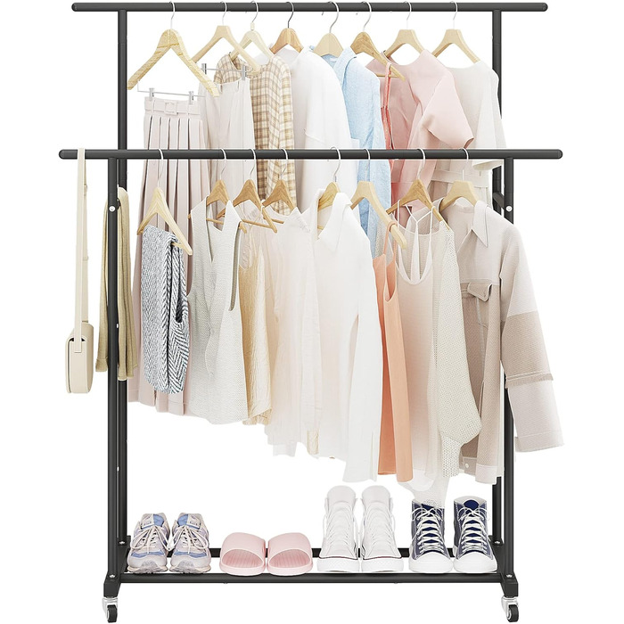 Clothes Rack with Double Rod, Rolling Clothes Rack, Portable Clothes Rack for Bedroom, Living Room, Clothing Store (Black)