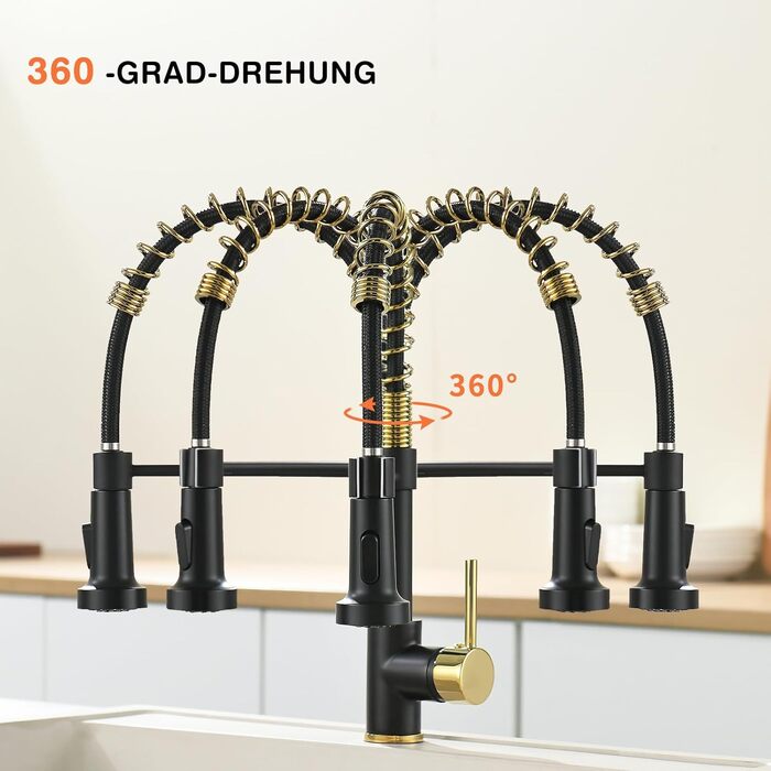 Змішувач кухонний AIMADI висувний, високого тиску, з 2 режимами (струмінь та туман), 360° обертання, одноlever, для кухонної мийки, чорний з золотом