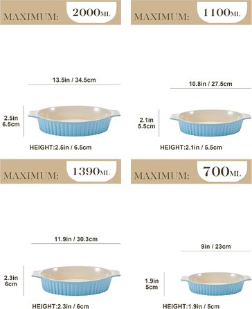MALACASA Набір форм для запікання Bake.Bake (4 шт.) з кераміки, стійкої до подряпин | Ідеально для лазаньї, супів, тірамісу та іншого (блакитний)