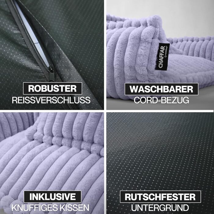 Диванчик для котів та собак Noviclass® Chaffar | Опорний матрац | Сучасний стиль, Cord-Design, фіолетовий, XXL (140 см)