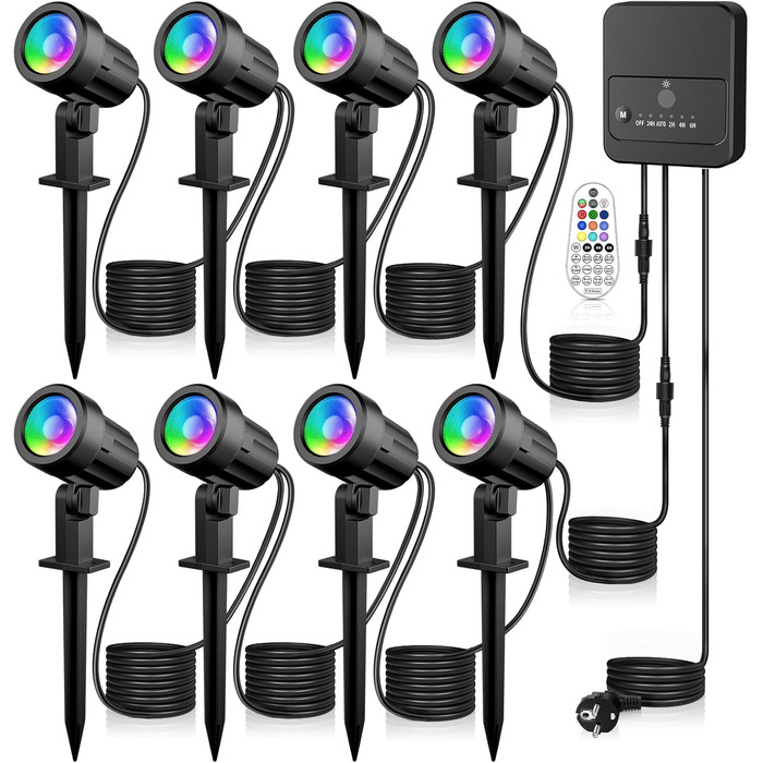 MEIKEE RGB Garden Lighting with Remote Control - 10 Colors, 30 Dynamic Modes, IP66 Waterproof, Timing Function, 8 Pack with EU Plug