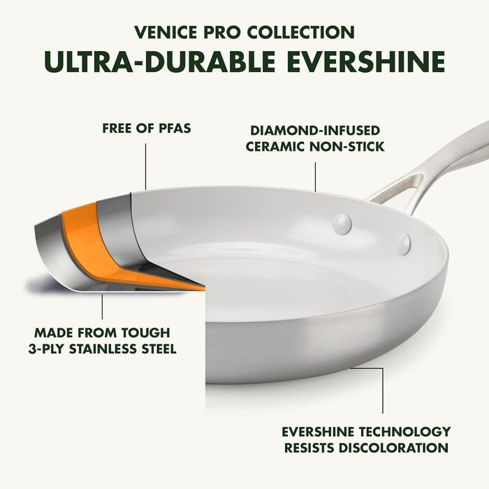 GreenPan Venice Pro сковорода з нержавіючої сталі 24 см, 3,4 л, з кришкою, антипригарне покриття, індукція, сумісна з духовкою, срібна