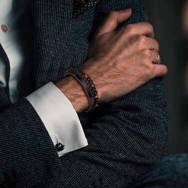 Чоловічий шкіряний браслет Lederarmband з магнітною застібкою з нержавіючої сталі, плетінка, коричнево-чорний, 20.5 см + Подарункова коробка