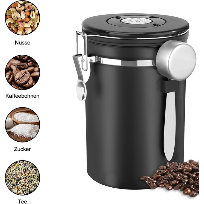 Герметична кавова банка з нержавіючої сталі, 1,8 л. З мірною ложкою та індикатором дати. Для кави, чаю, горіхів, какао. Зберігає свіжість надовго. Білий (Чорний) колір