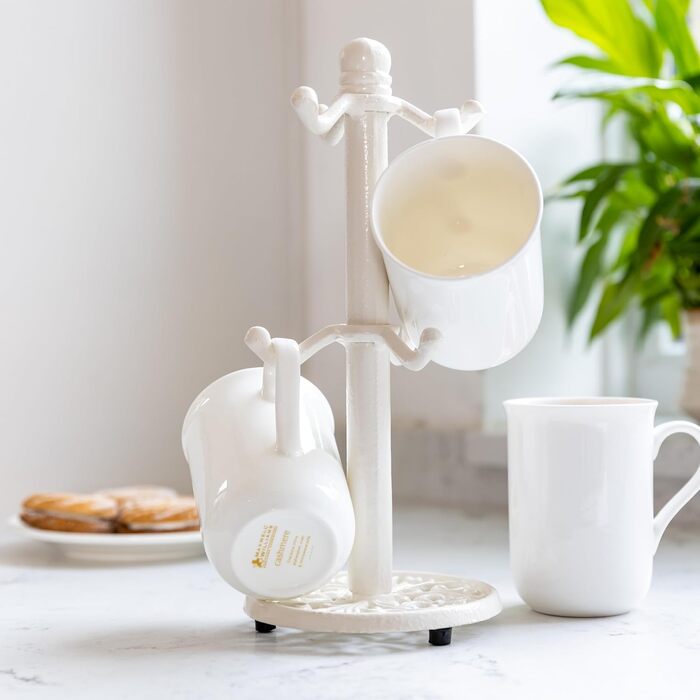 KitchenCraft Traditional Teacup Tree, Cast Iron, White, Holds 6 Cups, 30 cm x 13 cm x 13 cm