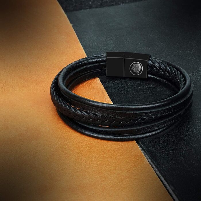 Чоловічий шкіряний браслет Casisto.J з нержавіючою сталлю та гравіюванням, чорний, плетений, з магнітною застібкою (22 см)